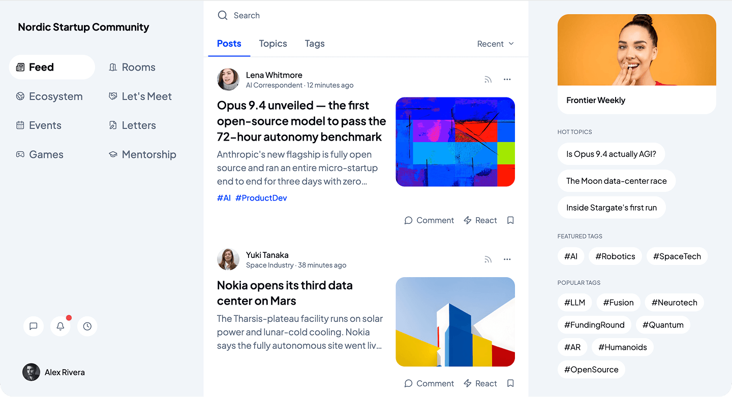Inside the platform: a live community feed with posts, an AI assistant and trending topics